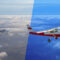 Two types of fixed-wing aircrafts representing new and older models flying above landscape and cloud layer. Blue overlay splits the image in half diagonally to differentiate crafts in image.