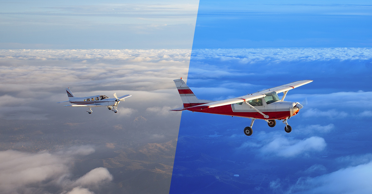 Two types of fixed-wing aircrafts representing new and older models flying above landscape and cloud layer. Blue overlay splits the image in half diagonally to differentiate crafts in image.