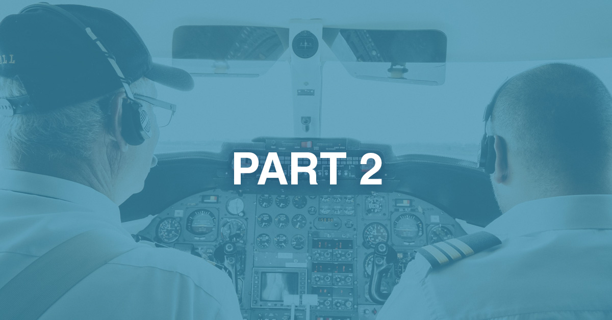 Part 2 text over color block feature image of airplane cabin interior with copilots around 49-50 years old
