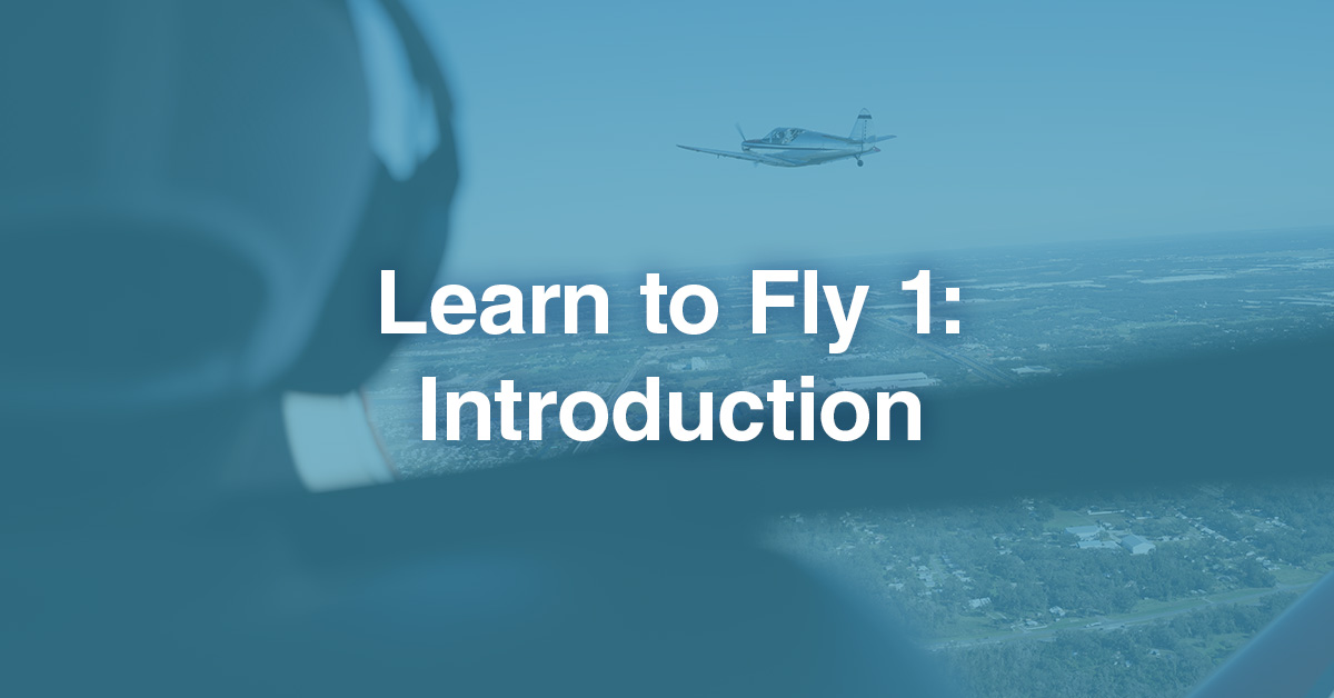 Air-to-air photo of pilot looking at another Piper Archer mid-flight. Blue color overlay and text appear over image reading, "Learn to Fly 1: Introduction"