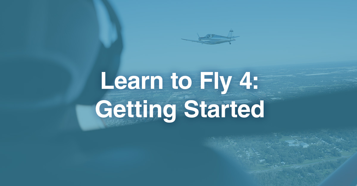 Air-to-air photo of pilot looking at another Piper Archer mid-flight. Blue color overlay and text appear over image reading, "Learn to Fly 4: Getting Started"