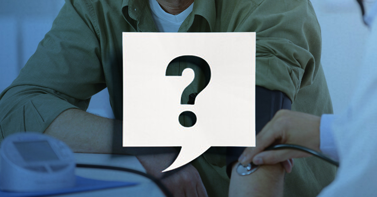 Question thought box over image of medical checkup with blood pressure