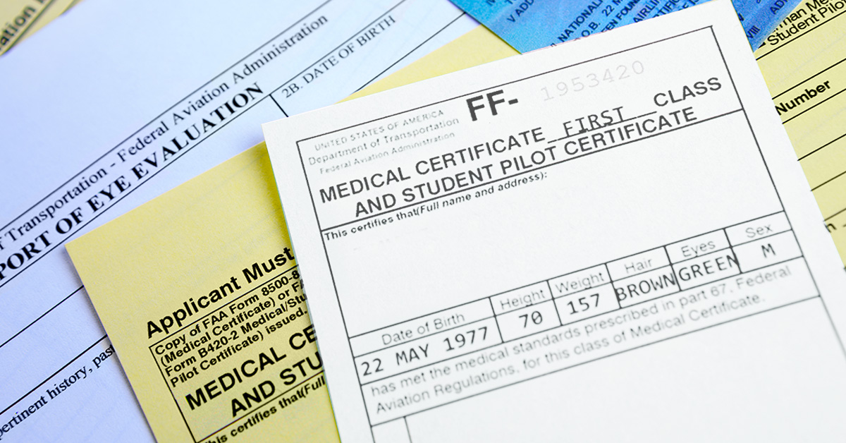 Closeup of pilot medical certificate and forms pertaining to BasicMed evaluation