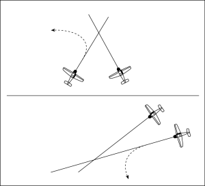 Aircraft on converging courses: aircraft of the right has right-of-way, aircraft of the left must yield.
