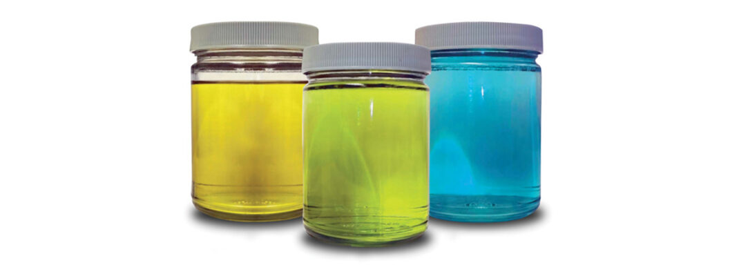 three grades of Avgas in clear jars