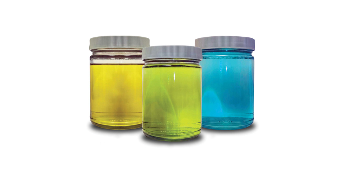 three grades of Avgas in clear jars