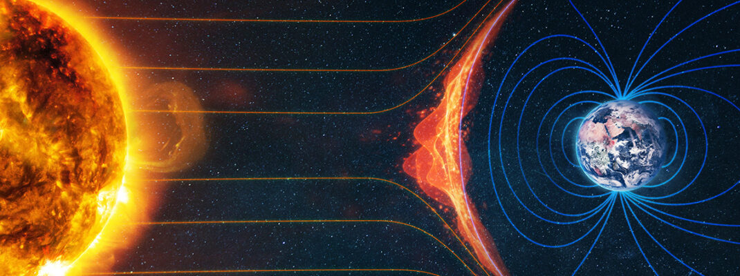 Earth's magnetic field. Sun-Earth connection space weather. Blasts of perticles and magnetic field from the sun impact magnetosphere. Elements of this image furnished by NASA