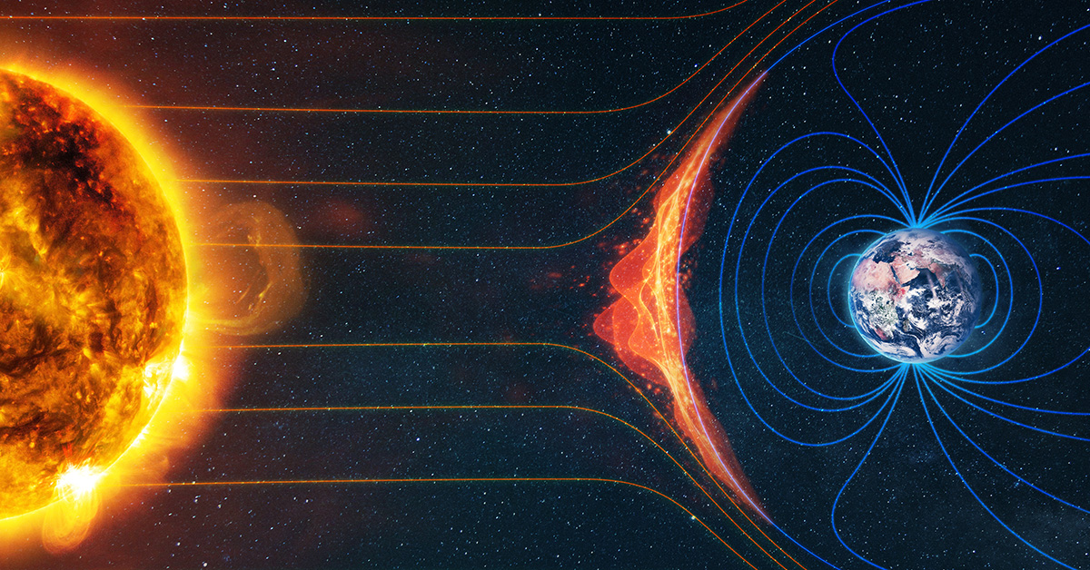 Earth's magnetic field. Sun-Earth connection space weather. Blasts of perticles and magnetic field from the sun impact magnetosphere. Elements of this image furnished by NASA