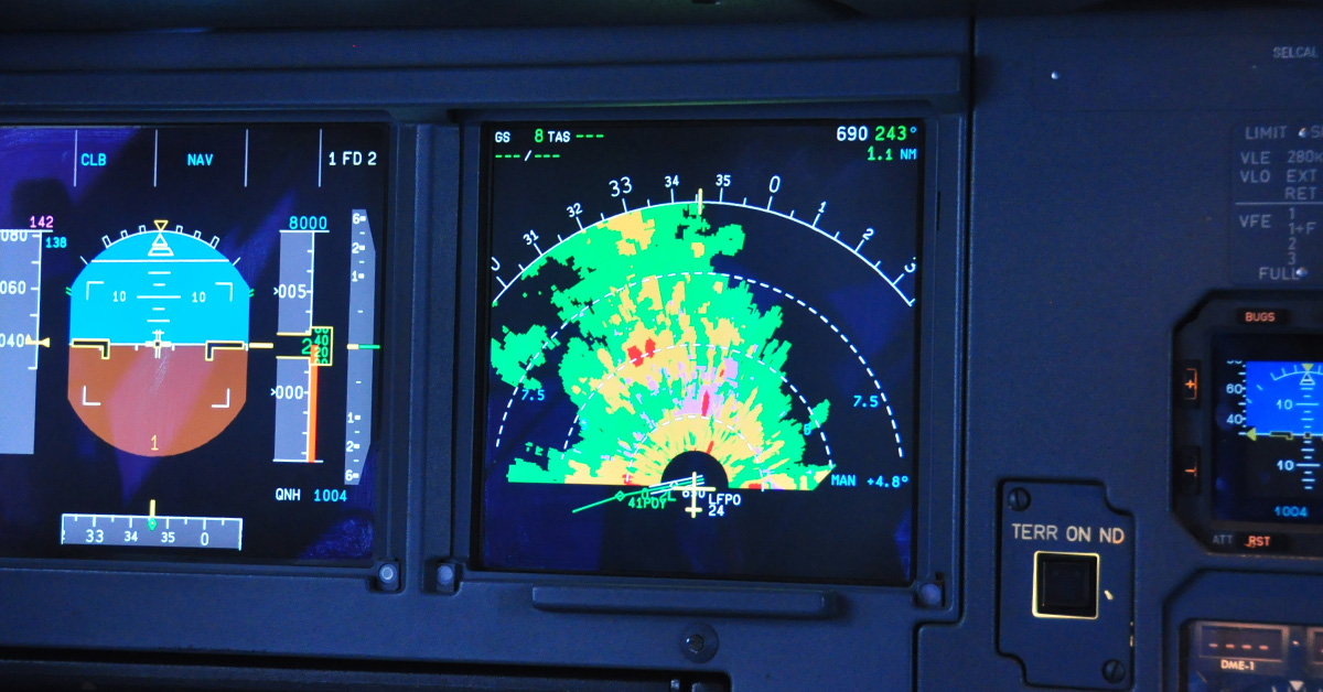 Close up shot on the weather radar on the Navigation Display screen of an Airbus, visible returns