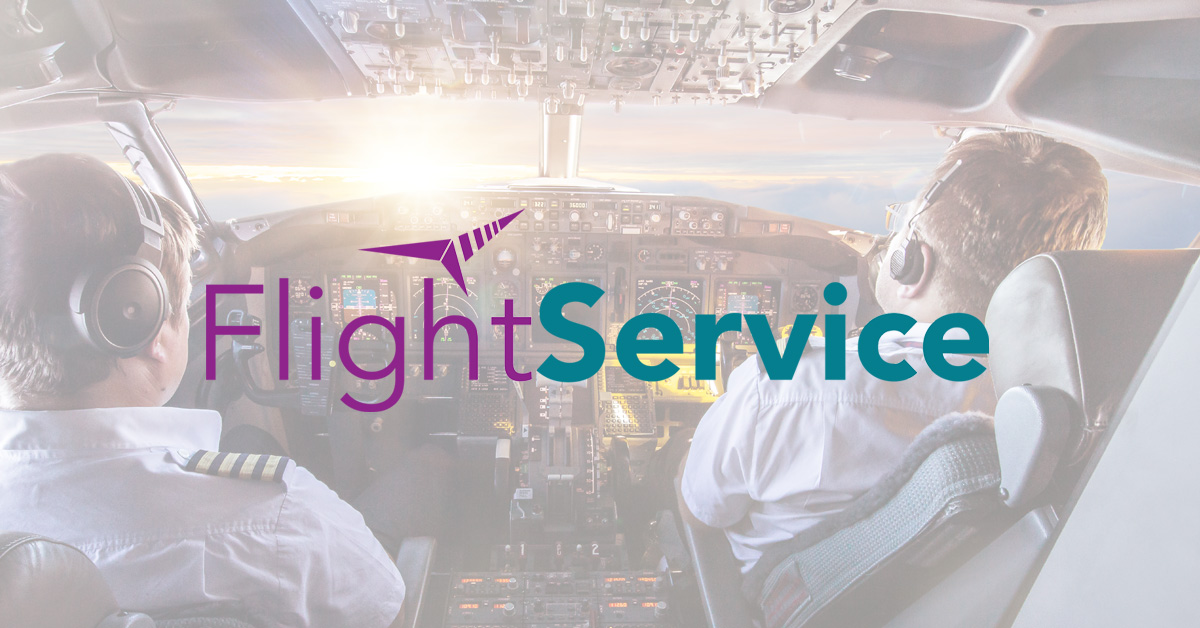 two pilots in flight deck with a Flight Services logo overlay