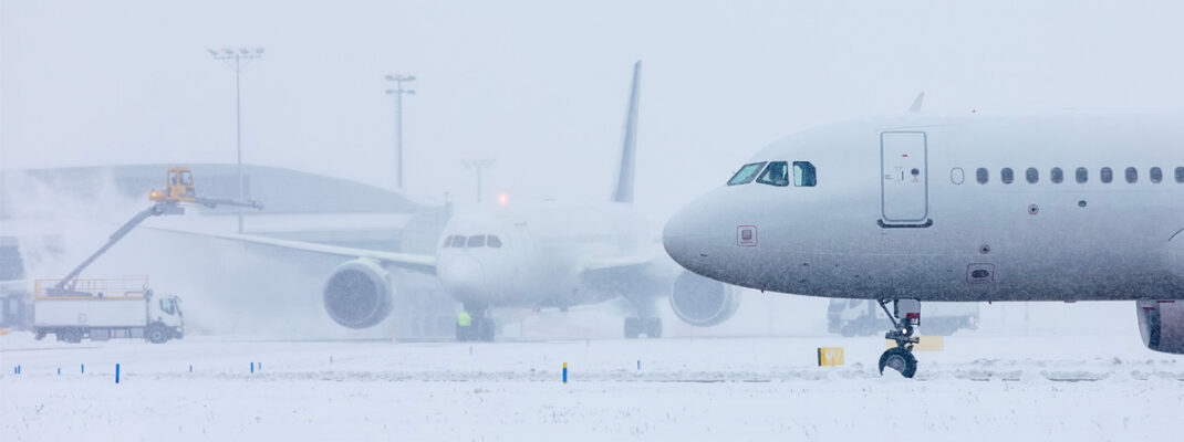 two planes and deicing on a snowy day