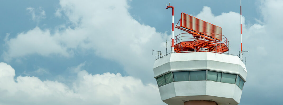 The airport control tower with rain clouds storm thunder
