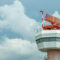 The airport control tower with rain clouds storm thunder