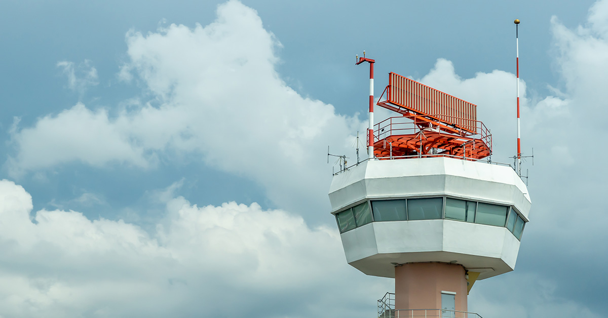 The airport control tower with rain clouds storm thunder