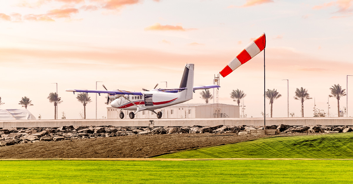 The wind sock shows the speed and shear at the airfield during the takeoff of a light twin engine aircraft