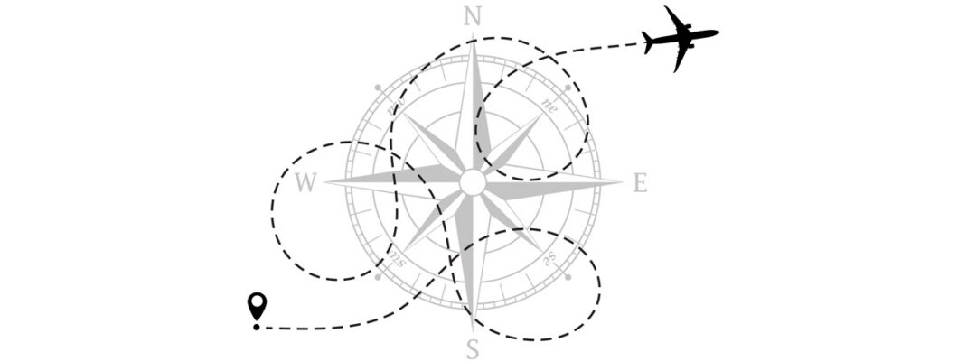 line drawing of airplane path over compas