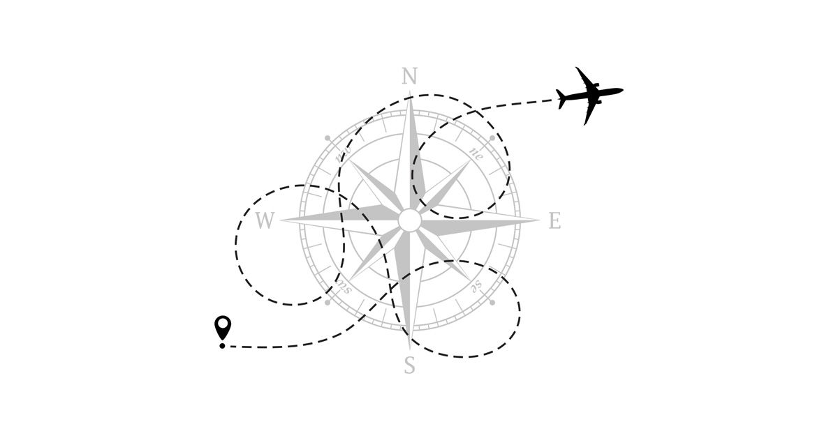 line drawing of airplane path over compas
