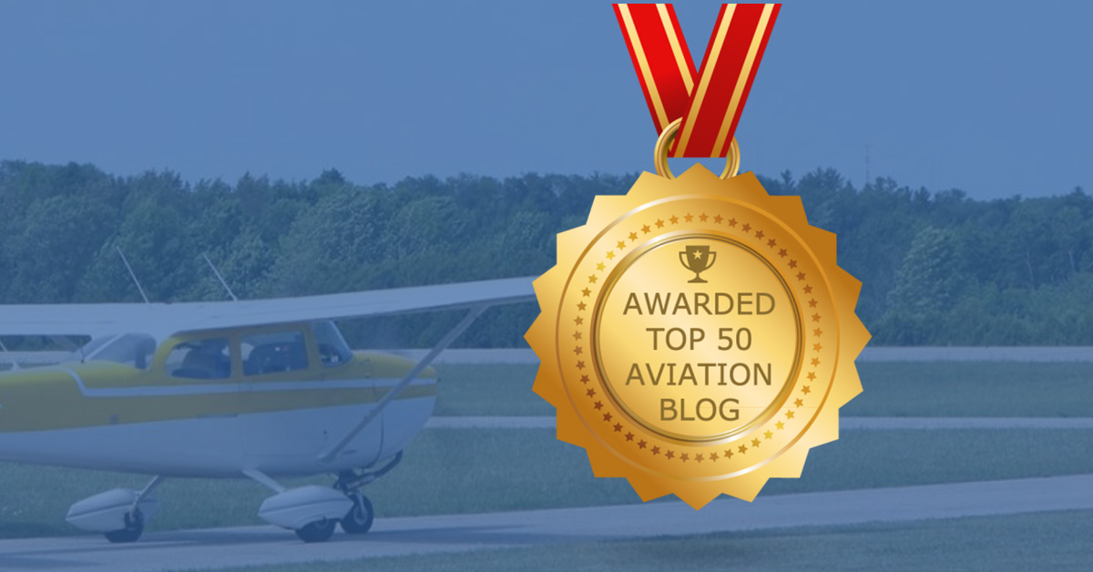 Top 50 award medal depicted atop image of Cessna 172 taxiing out to the runway