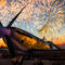 Fireworks light up the sky behind a grounded Spitfire