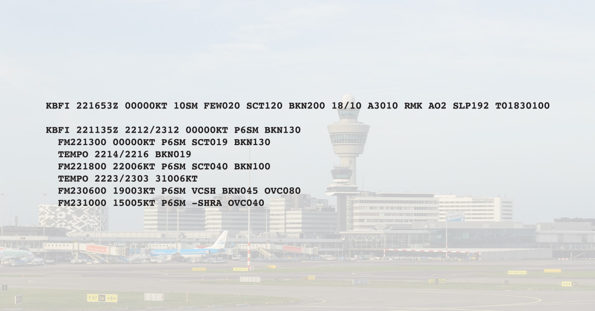 METAR text overlayed over an image of an airport