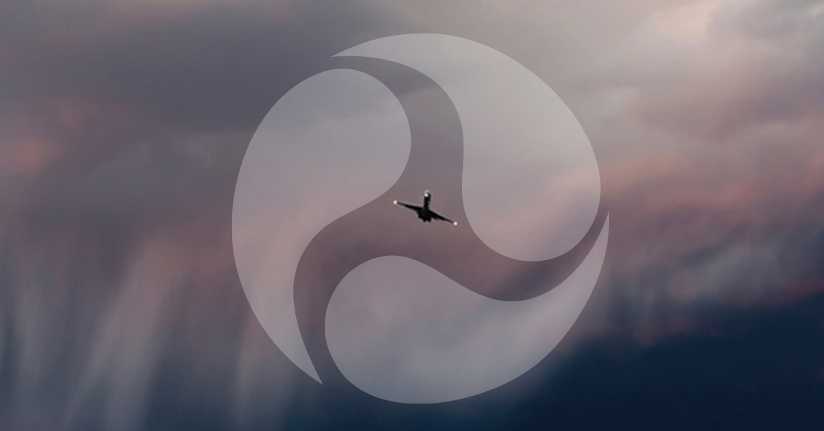 Commercial airplane flying through sky with weather conditions. FAA logo overlays image.