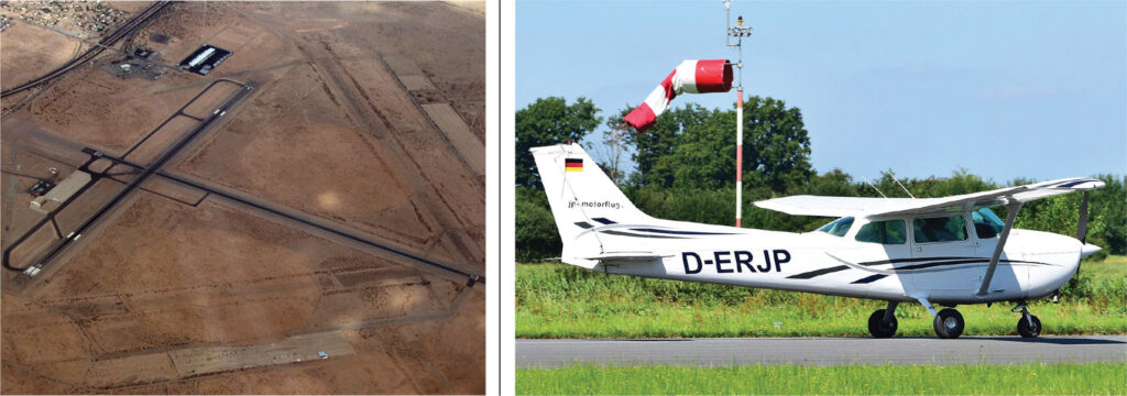 Aerial view of airport and airplane on runway from Illustrated Guide to Flying by Barry Schiff