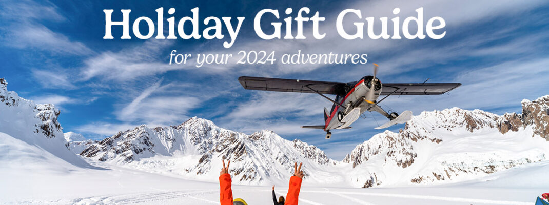 A plane flying over snow covered mountains and winter campers, with ASA logo and Holiday Gift Guide text.