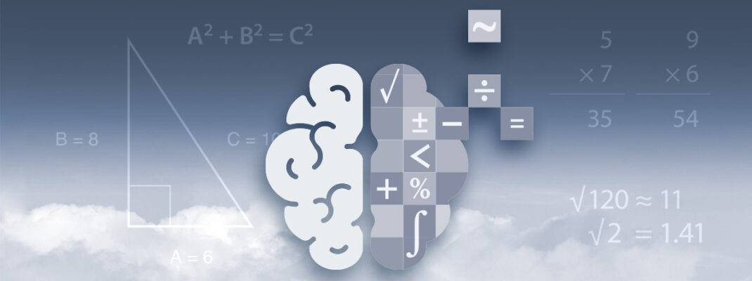 image of clouds with an illustration of human brain, and math equations layered over.