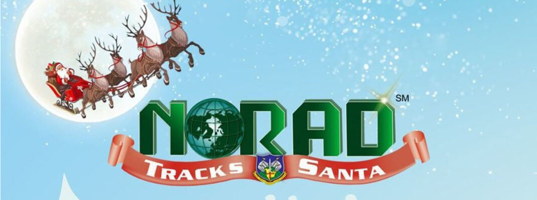 NORAD Tracks Santa logo over a winter scene with Santa and reindeer sleigh flying in front of the moon