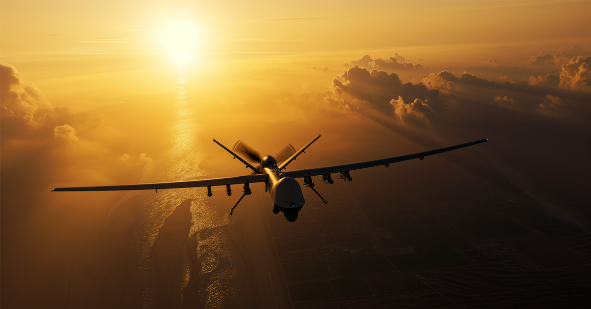 drone flying into sunset.