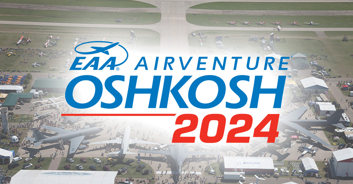 EAA AirVenture Oshkosh 2024 Logo over aerial shot of Airventure