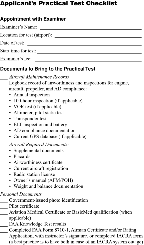 Sample of a Applicant’s Practical Test Checklist, from ASA's Instrument Pilot Oral Exam Guide, Eleventh Edition.