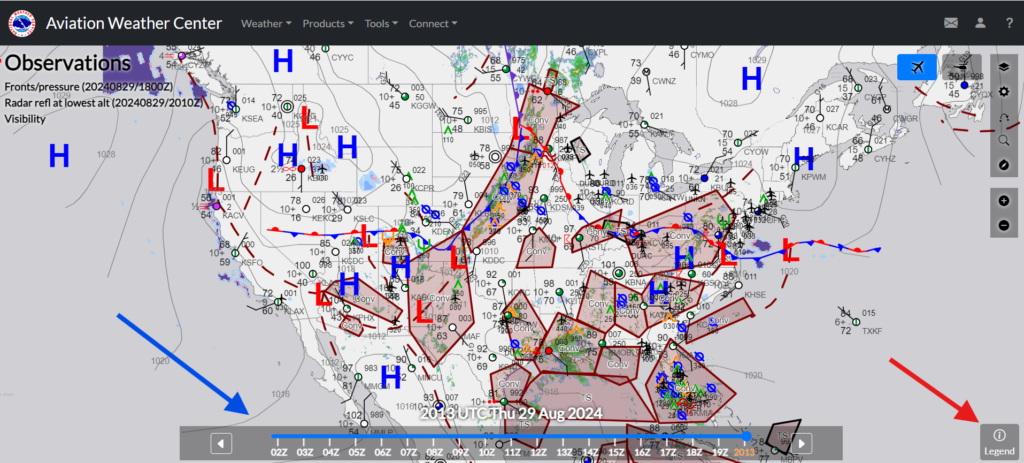 Graphical Forecasts for Aviation (GFA) when opened. Red arrow points to legend.