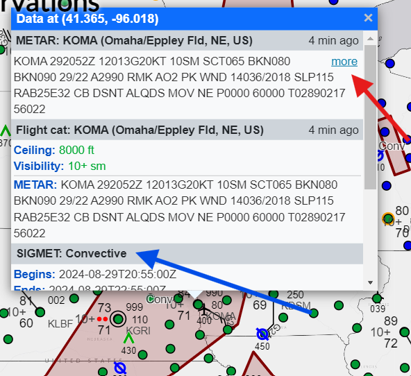 Figure 4: Detailed information displayed after clicking on the dot representing KOMA shows the METAR and SIGMET in affect for that airport.