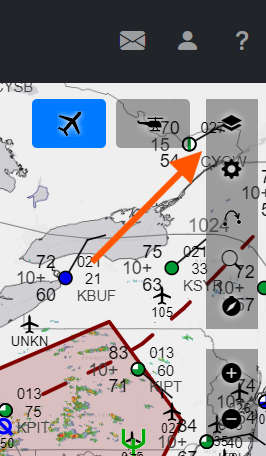 The control panel in the upper right corner of the map. The red arrow points to the layers manager.