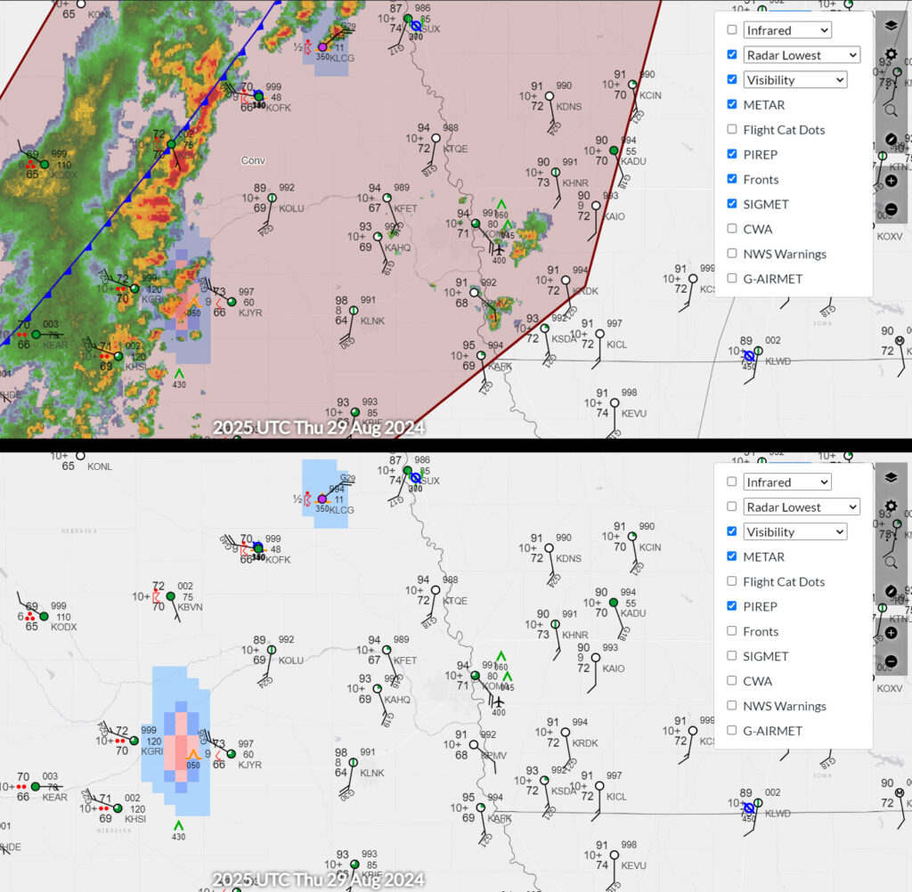 Layer control: (top) radar, METAR, pilot reports (PRIREP), fronts, and SIGMETs are shown; (bottom) showing only visibility, METAR, and PRIREP clears the map considerably.