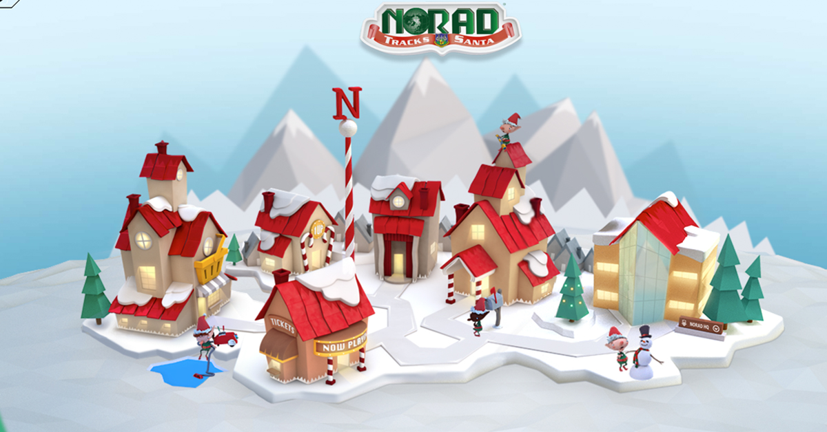 2024 NORAD santa tracker website screenshot featuring Santa's village and the NORAD logo