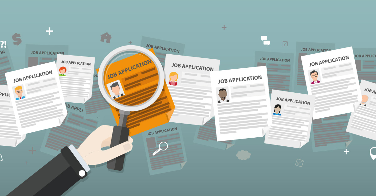 illustration of several mock job applications with a magnifying glass over a highlighted application.