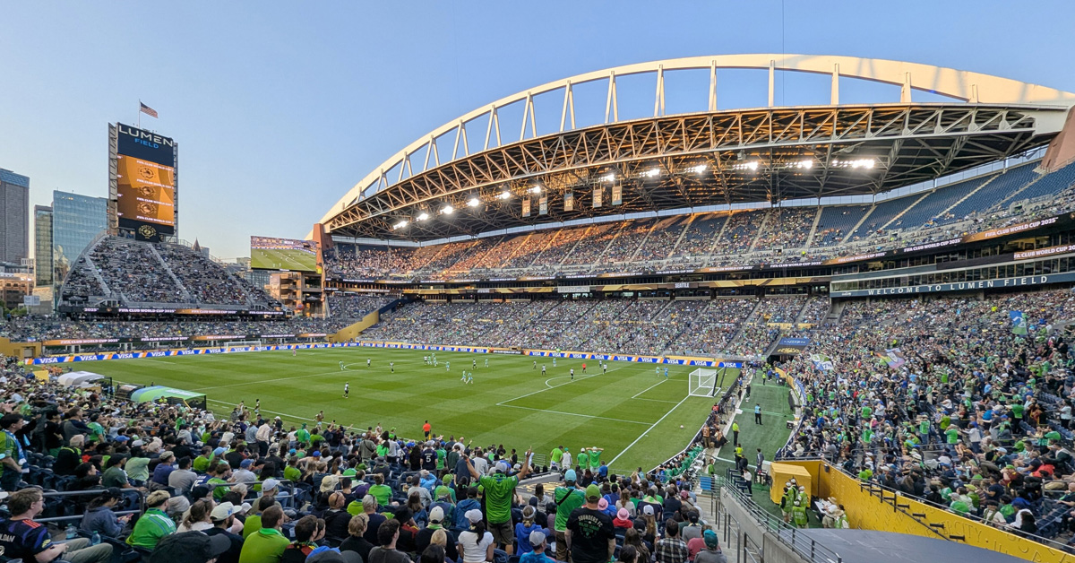 A view from the southwest corner of Lumen Field during a 2025 FIFA Club World Cup group stage match between Seattle Sounders FC and Botafogo in Seattle, Washington, U.S.